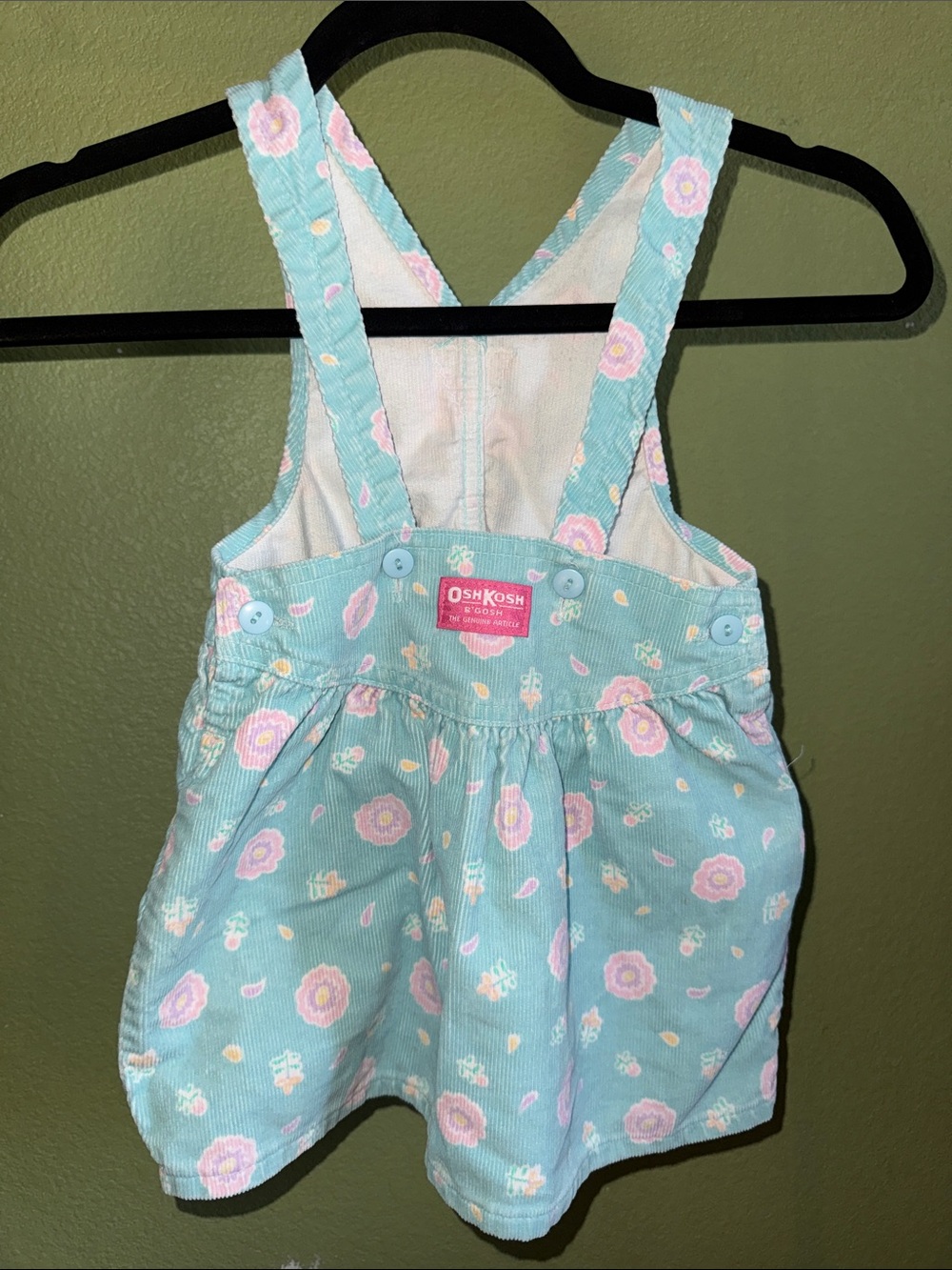 Vintage OshKosh B'gosh Mint Blue Floral Corduroy Overall Dress
